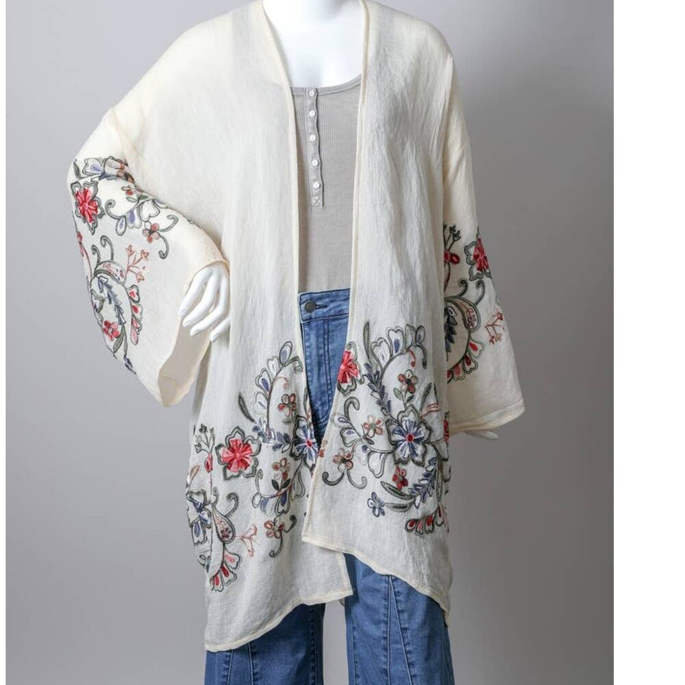 Floral Embroidered Cream Kimono Cardigan